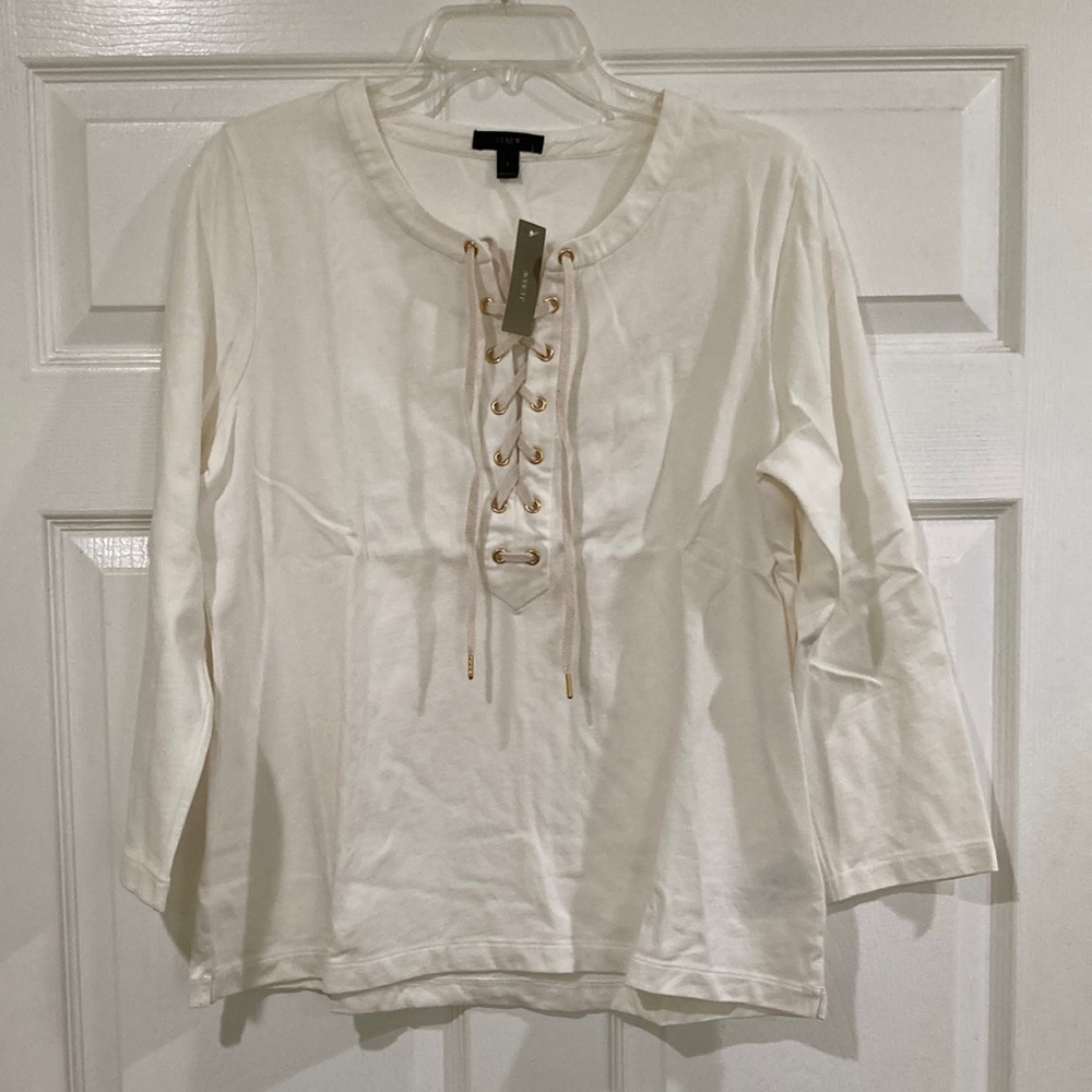 NWT JCREW lace up the front 3/4 sleeve tee sz L color ivory
